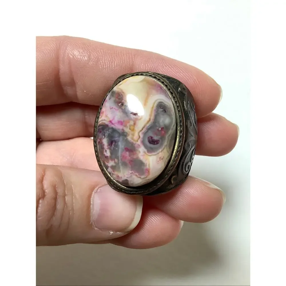 Bronze Crazy Lace Agate Oval Cabochon Statement Ring Cocktail Vintage F17-11